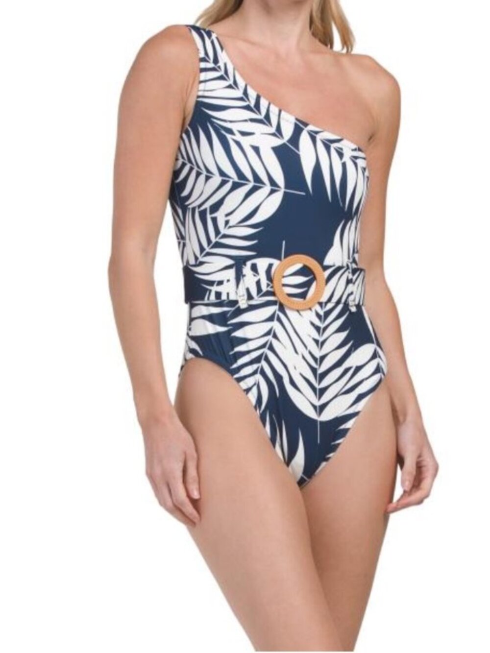 Hutch One-Shoulder Navy and White Leaf Print Swimsuit with Belt